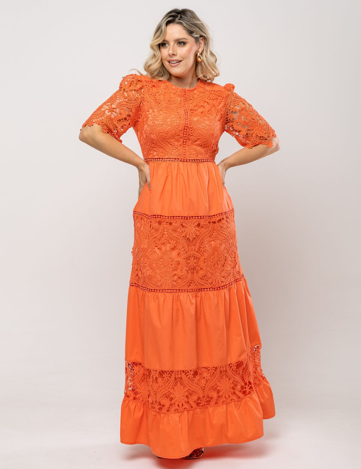 Vestido Longo Renda Noeli Plus - Laranja