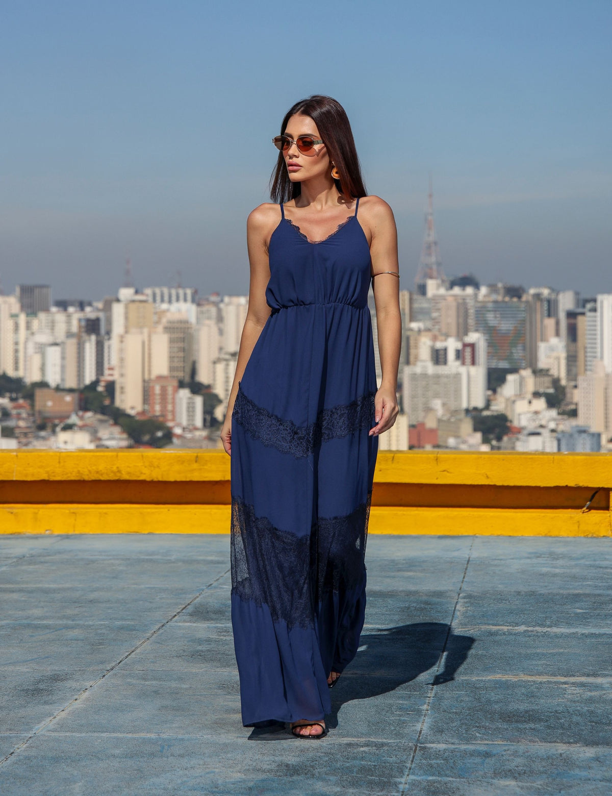 Vestido Longo Crepe Melina - Azul Marinho