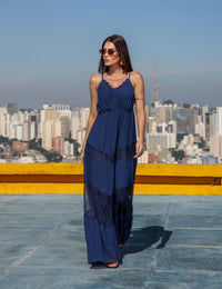 Vestido Longo Crepe Melina - Azul Marinho