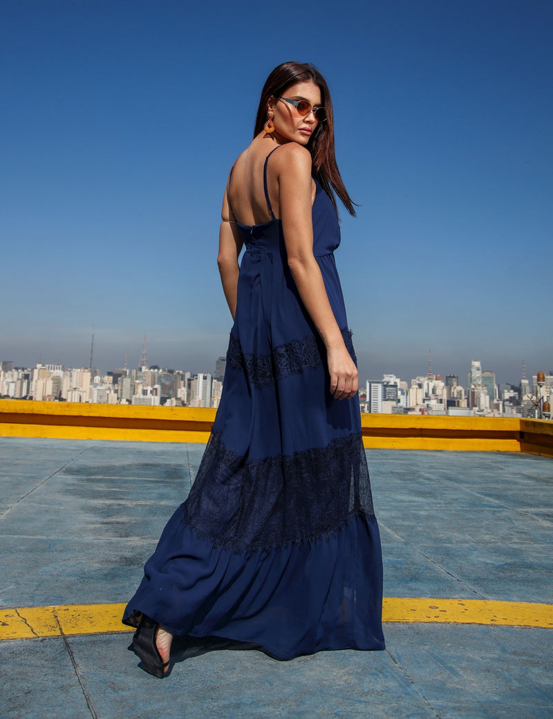 Vestido Longo Crepe Melina - Azul Marinho