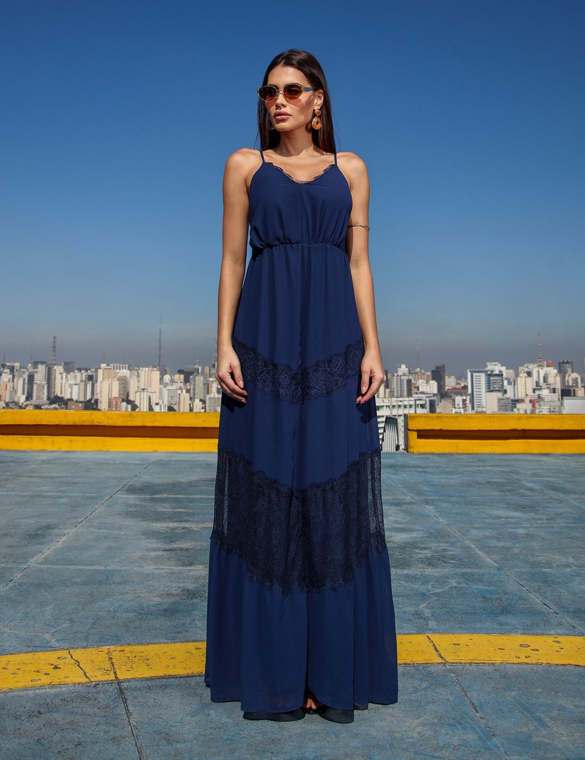 Vestido Longo Crepe Melina - Azul Marinho
