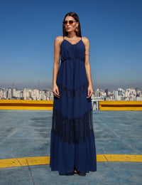 Vestido Longo Crepe Melina - Azul Marinho