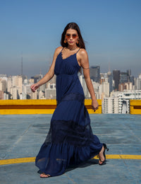 Vestido Longo Crepe Melina - Azul Marinho