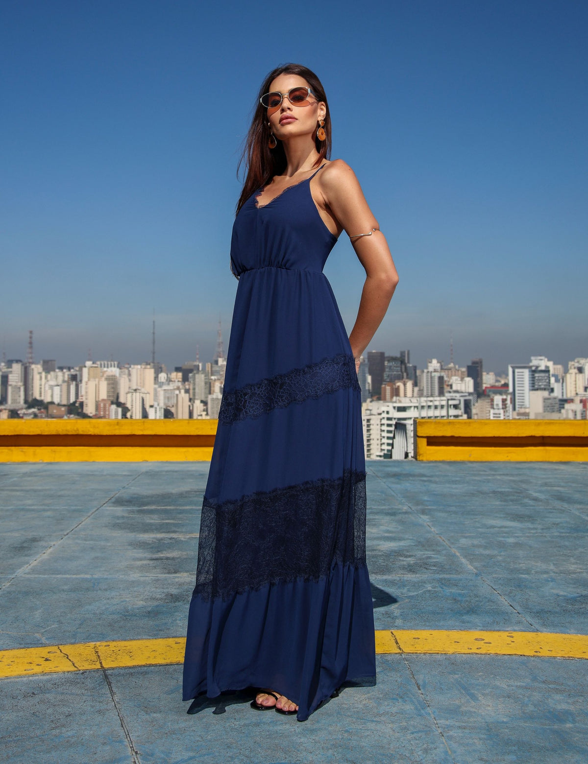 Vestido Longo Crepe Melina - Azul Marinho