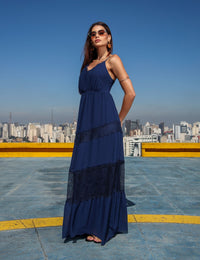 Vestido Longo Crepe Melina - Azul Marinho