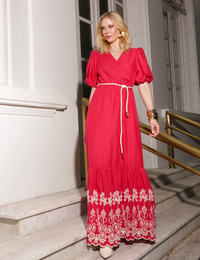 Vestido Transpassado Bordado Lana - Vermelho