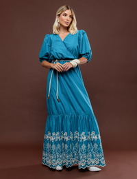 Vestido Transpassado Bordado Lana - Turquesa