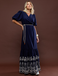 Vestido Transpassado Bordado Lana - Azul Marinho