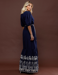 Vestido Transpassado Bordado Lana - Azul Marinho