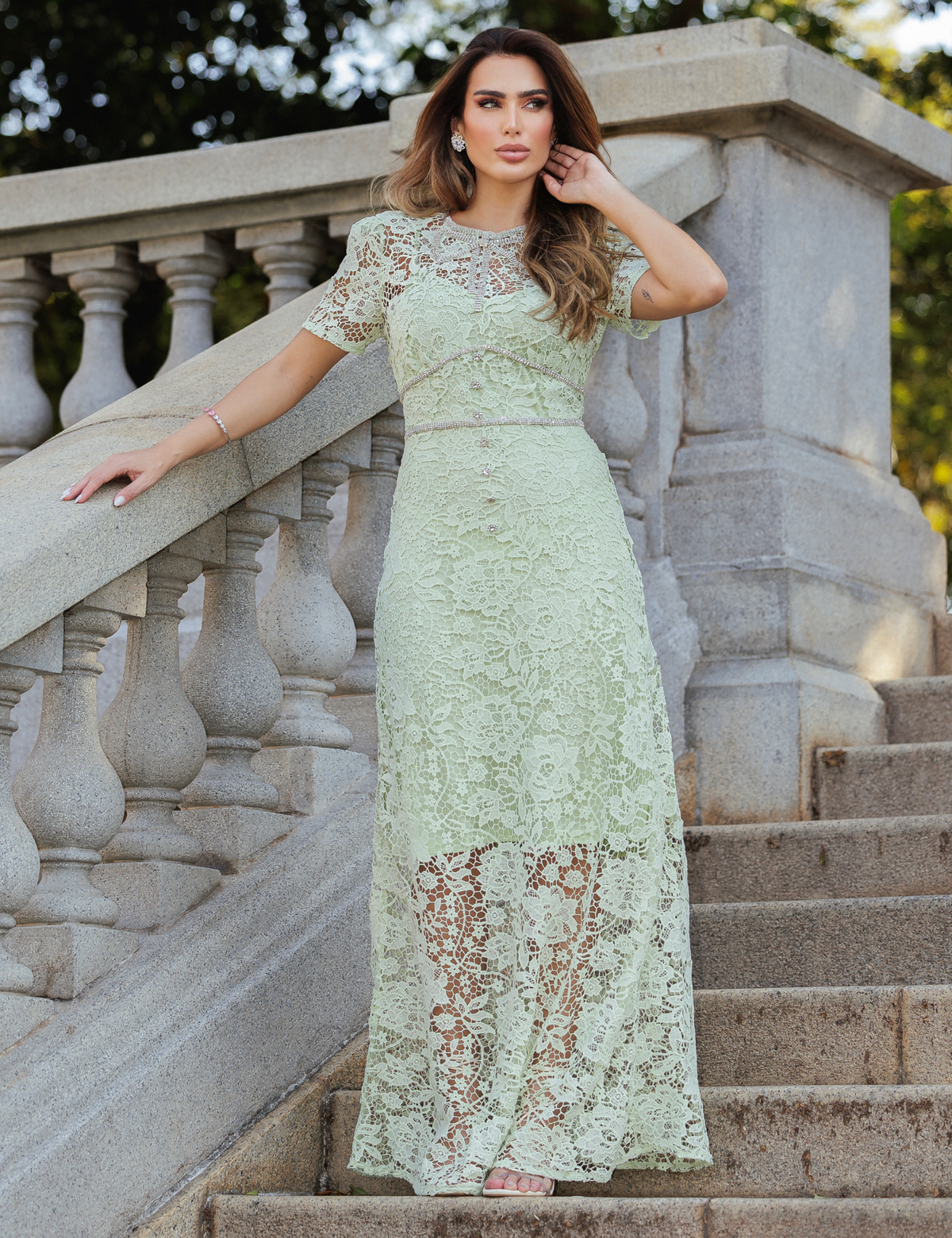 Vestido Renda Strass Antonella - Verde