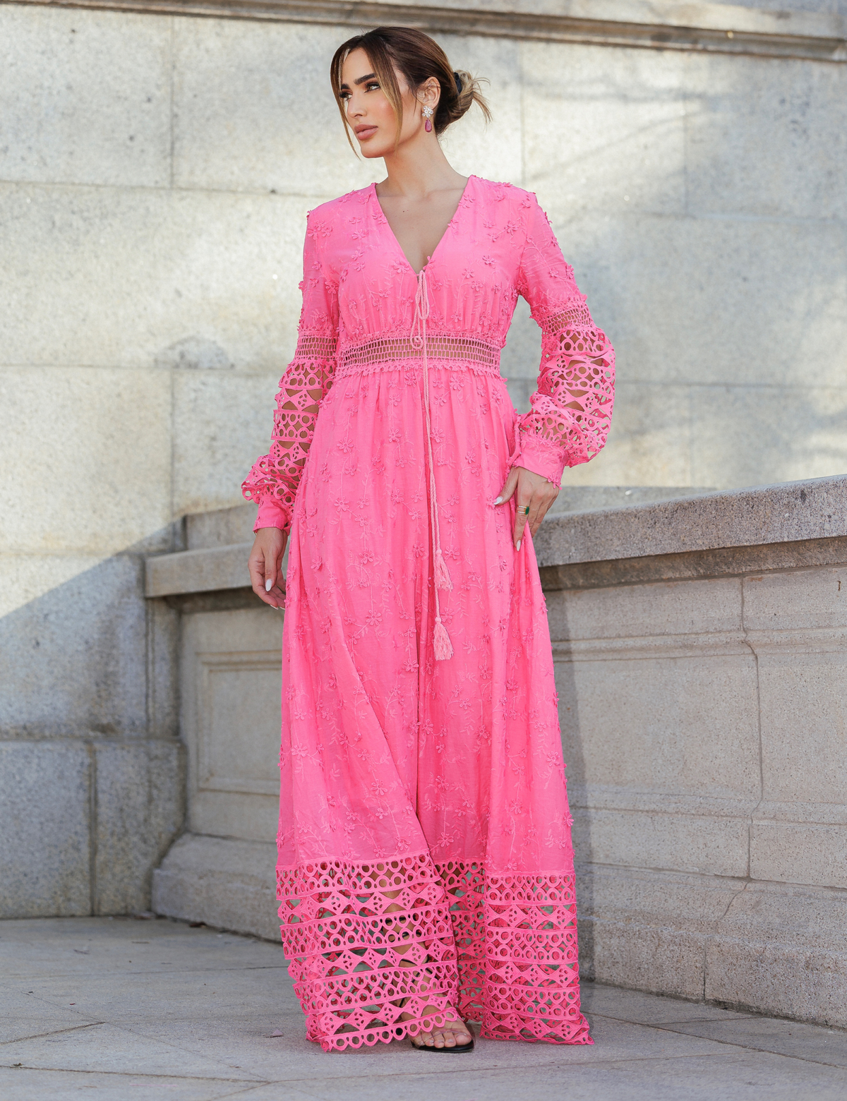 Vestido Longo Bordado Manu - Pink