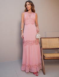 Vestido Longo Bordado Mariana - Rosa