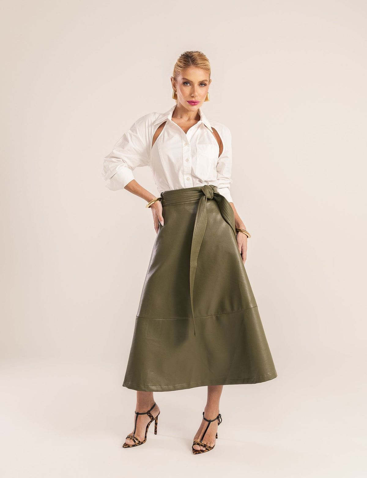 Saia Couro PU - Verde Oliva