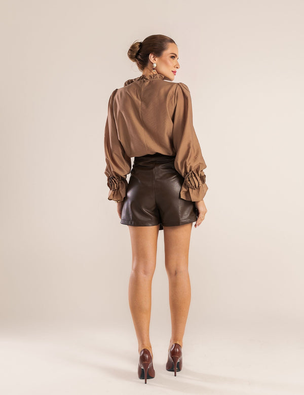 Short Saia Couro PU Mina - Marrom