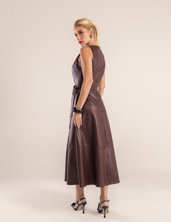 Vestido Recortes Couro PU Yuna - Vinho