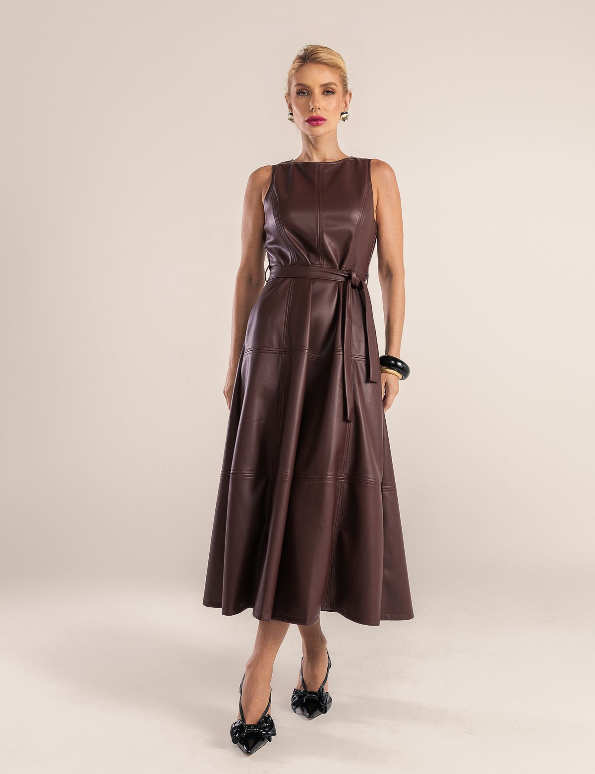 Vestido Recortes Couro PU Yuna - Vinho