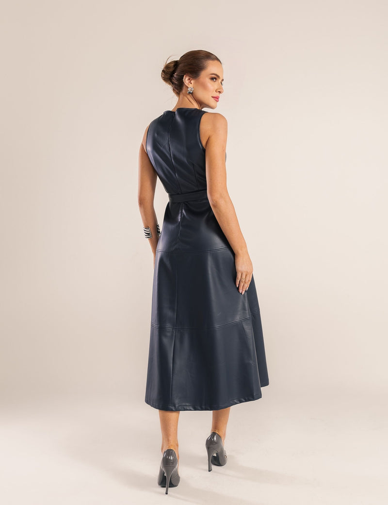 Vestido Recortes Couro PU Yuna - Azul Marinho