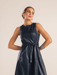 Vestido Recortes Couro PU Yuna - Azul Marinho