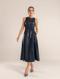Vestido Recortes Couro PU Yuna - Azul Marinho