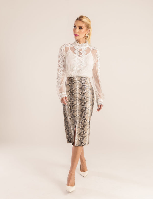 Saia Midi Couro PU Sarang - Marrom