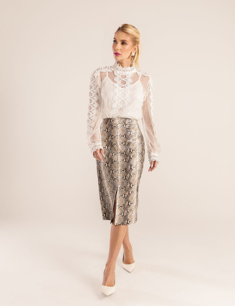 Saia Midi Couro PU Sarang - Marrom