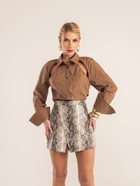 Short Saia Couro PU - Marrom