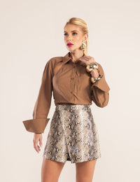 Short Saia Couro PU - Marrom