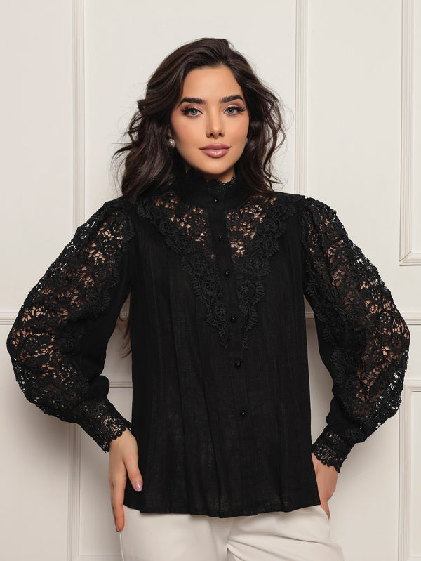 Camisa Botões Renda Milena - Preto