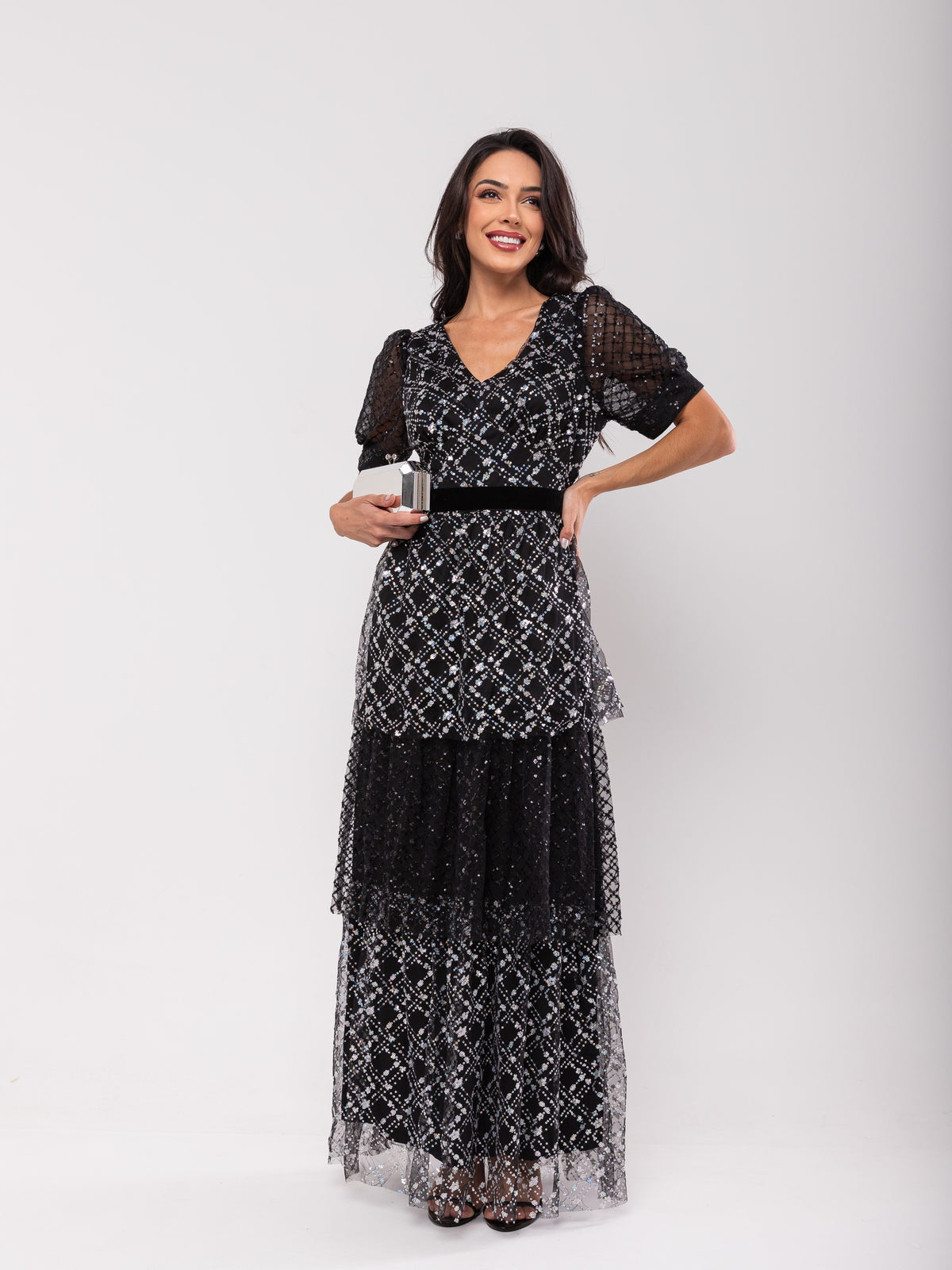 Vestido Tule Paetê Tassia - Preto