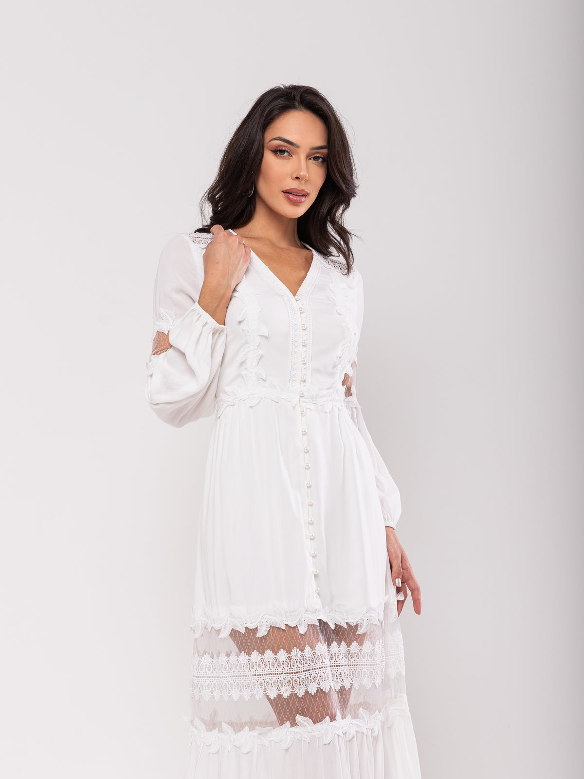 Vestido Detalhes Renda Brigitte - Off White