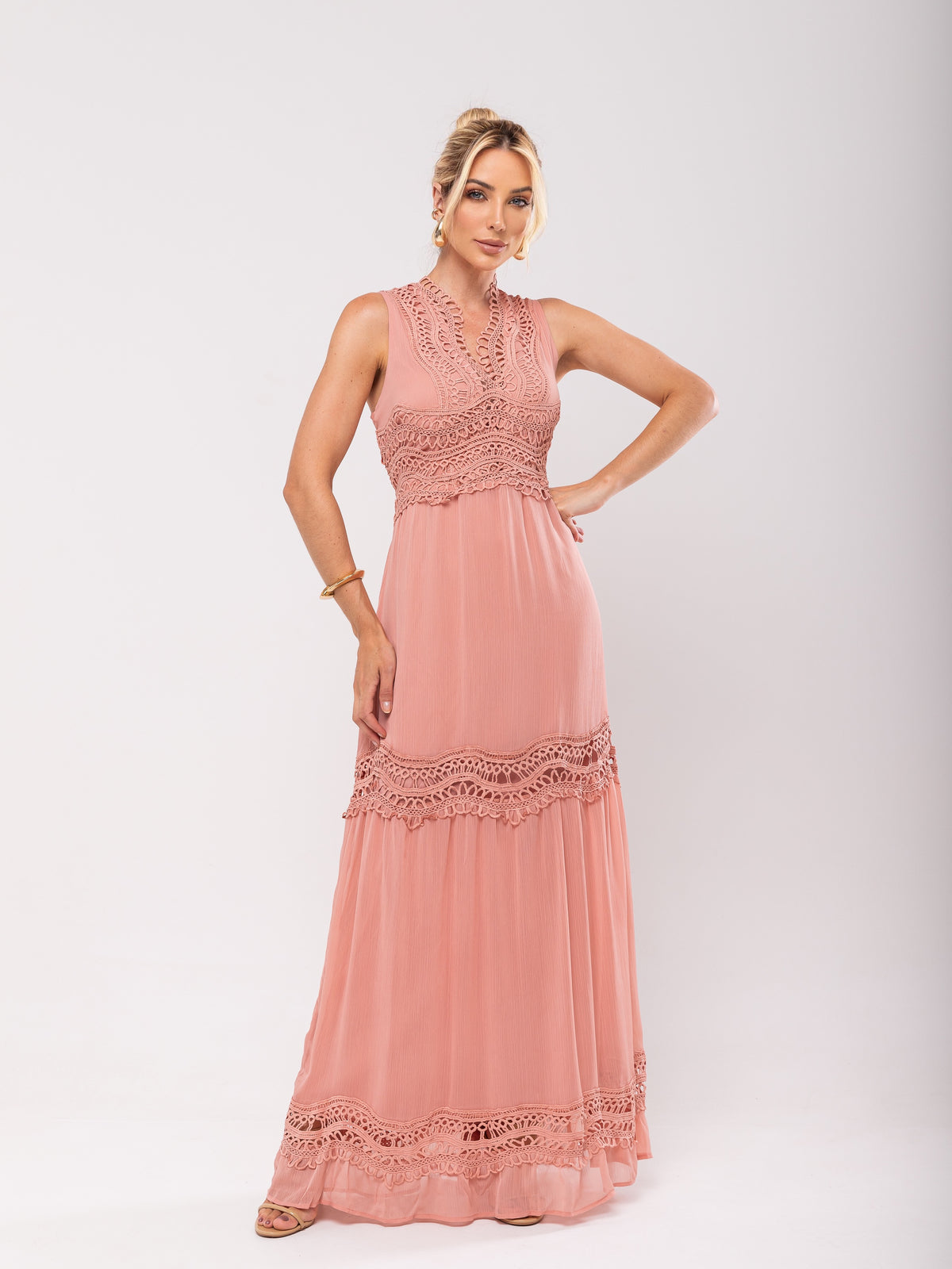 Vestido Longo Bordado Mariana - Rosa