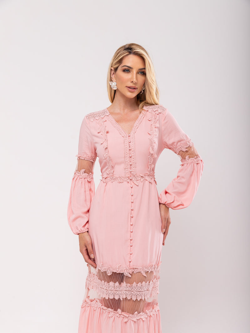 Vestido Detalhes Renda Brigitte - Rosa