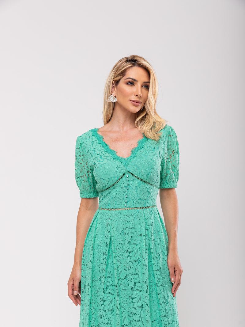 Vestido Renda Pregas Melody - Verde