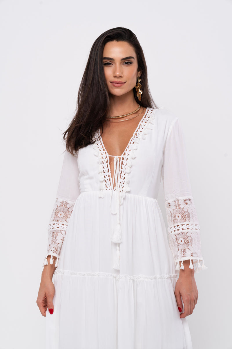 Vestido Longo Franjas Isla - Off White