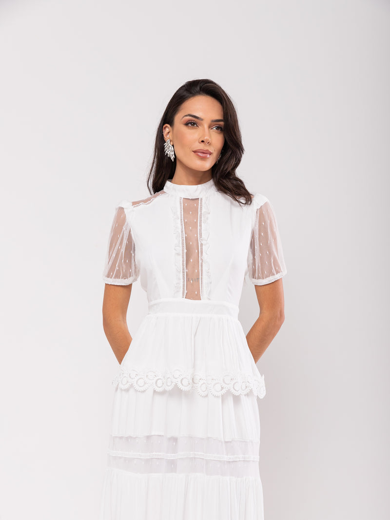 Vestido Detalhe Tule Miranda - Off White