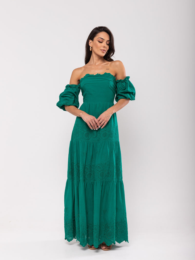 Vestido Algodão Bordado Celine - Verde