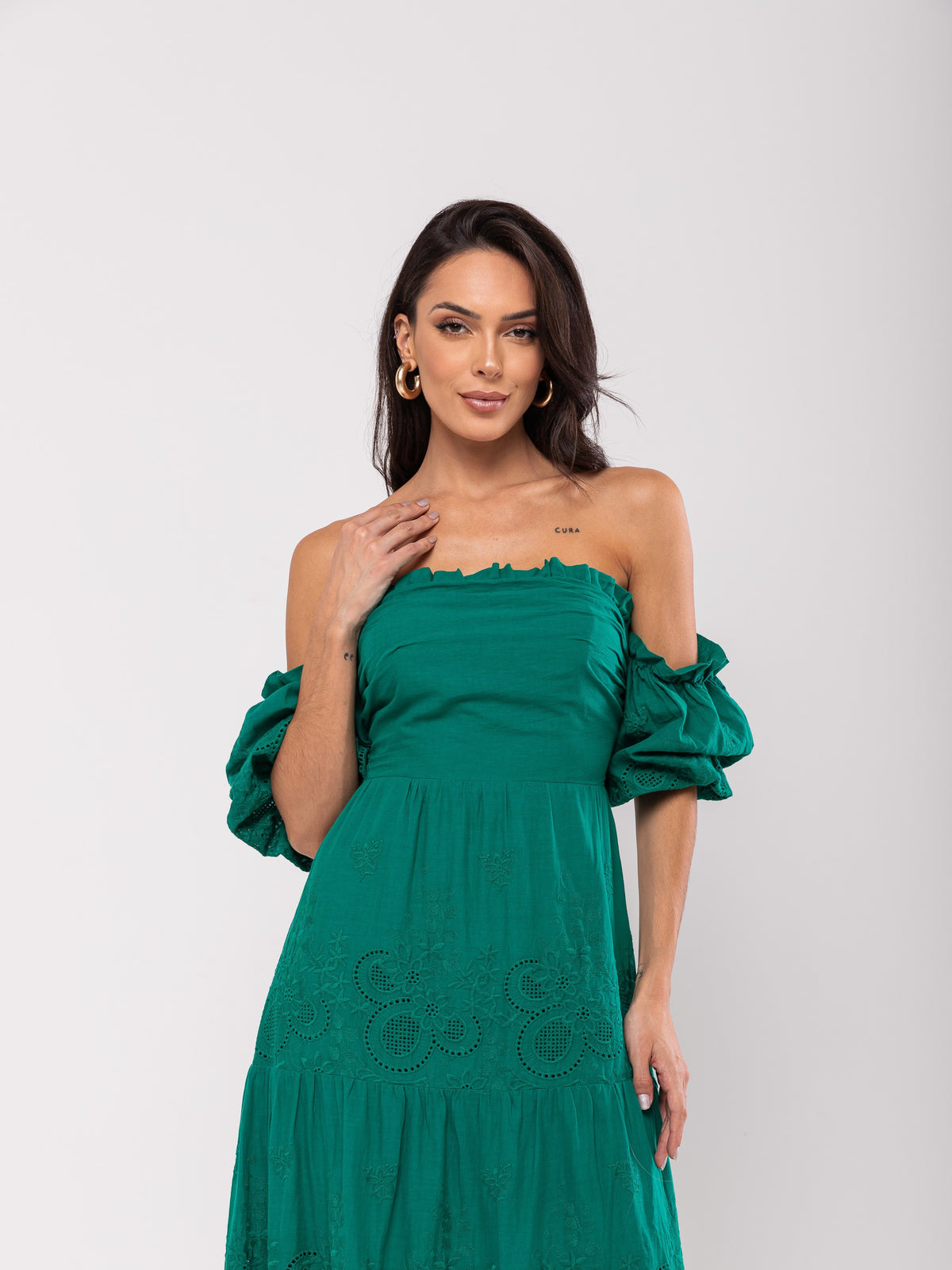 Vestido Algodão Bordado Celine - Verde