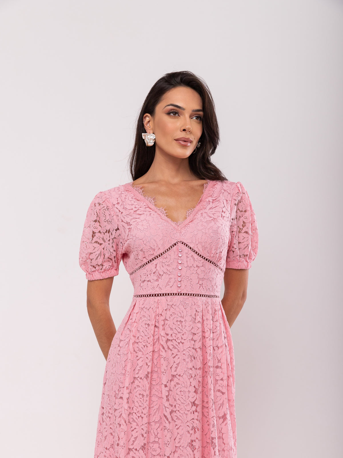 Vestido Renda Pregas Melody - Rosa