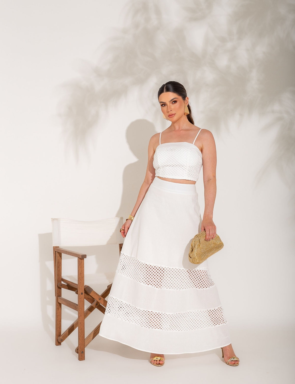 Conjunto Saia e Cropped com Tela Aurellie - Off White