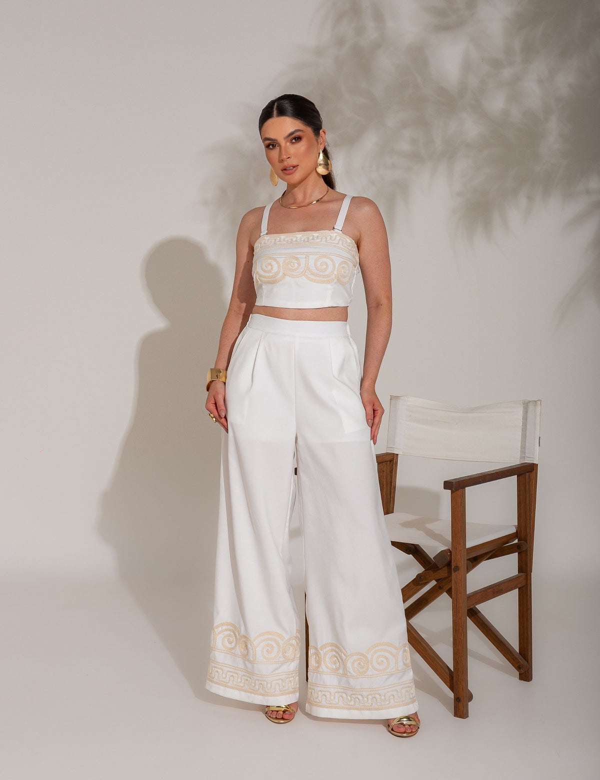 Conjunto de Calça e Cropped com Bordado Caroline - Branco