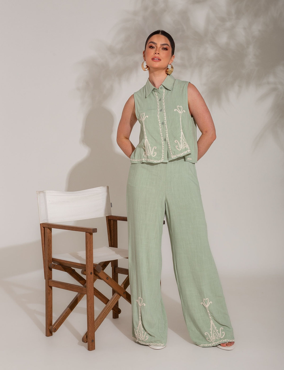 Conjunto de Linho com Viscose Bordado Ivana - Verde