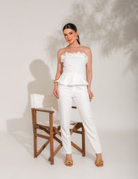 Conjunto Calça e Tomara que Caia com Flores Fiorella - Branco