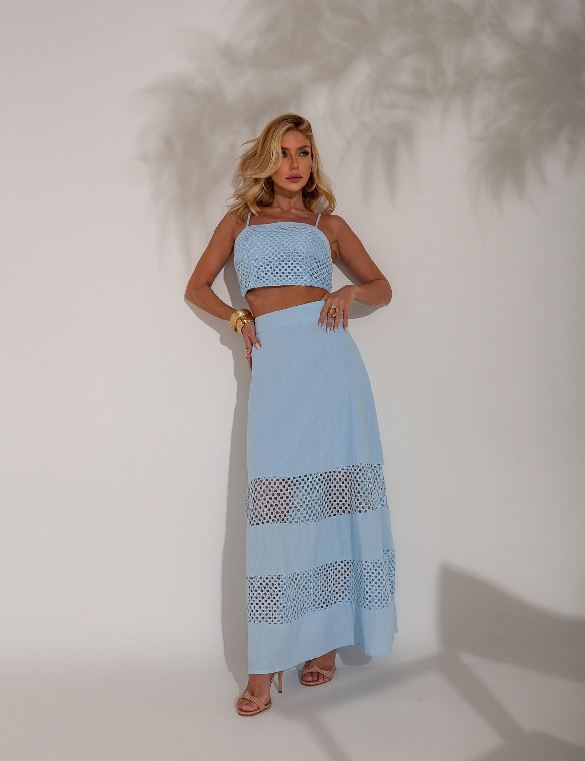 Conjunto Saia e Cropped com Tela Aurellie - Azul