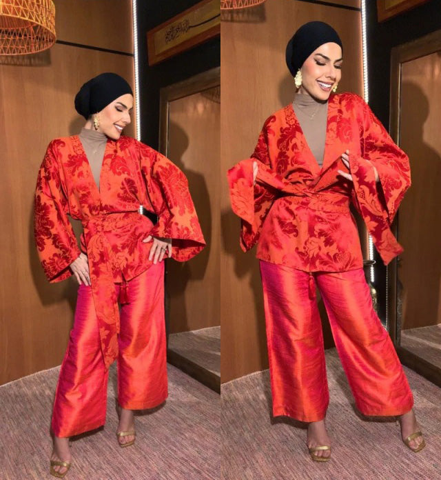 Kimono Jacquard De Algodão Red Orange
