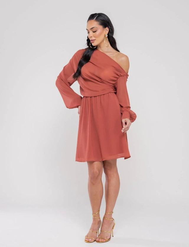 Vestido Curto Drapeado Ayla - Telha