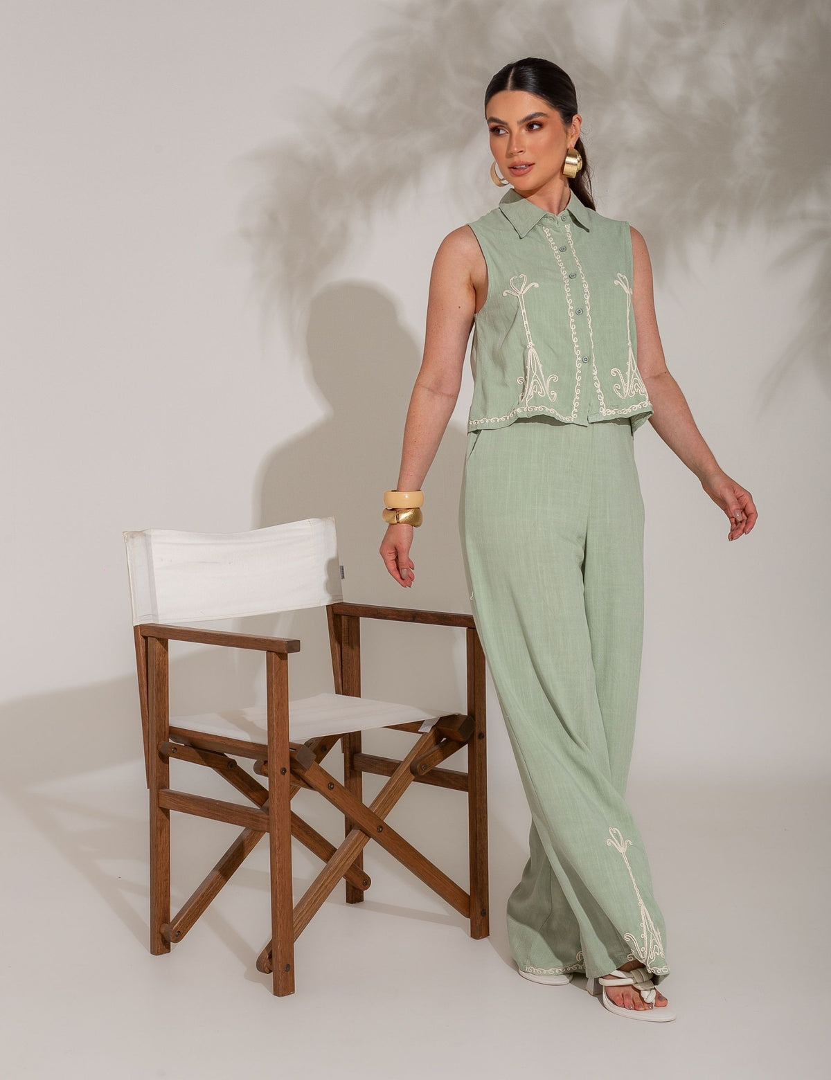 Conjunto de Linho com Viscose Bordado Ivana - Verde