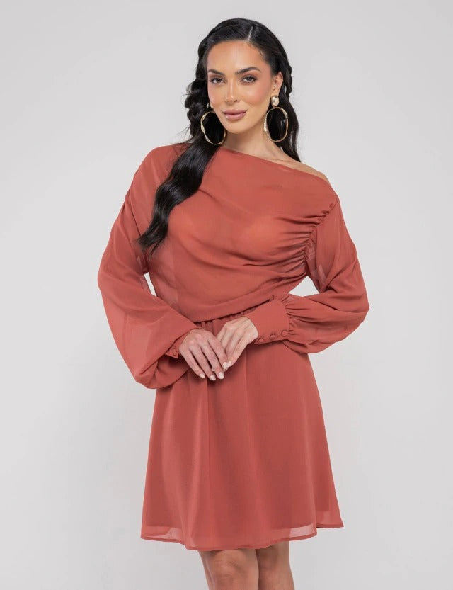 Vestido Curto Drapeado Ayla - Telha