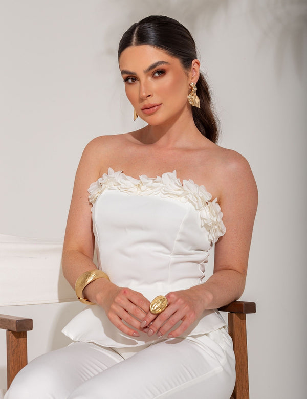 Conjunto Calça e Tomara que Caia com Flores Fiorella - Branco