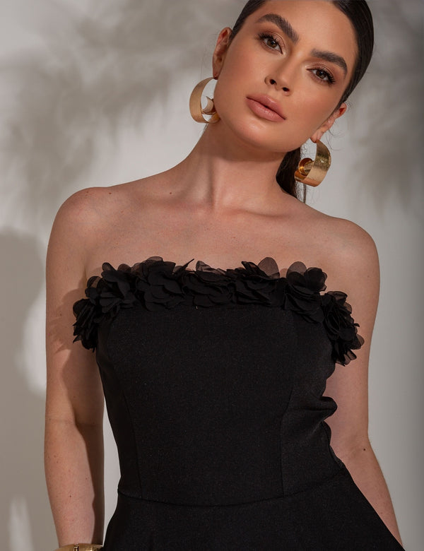 Conjunto Calça e Tomara que Caia com Flores Fiorella - Preto