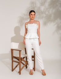 Conjunto Calça e Tomara que Caia com Flores Fiorella - Branco